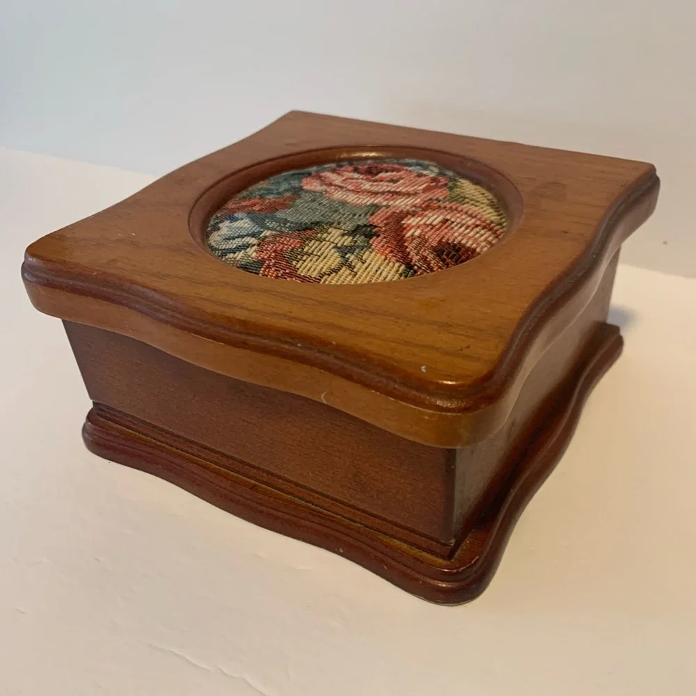 Vintage Cherry Wood jewelry box 6.5”x 7”Needlepoint, Floral Tapestry